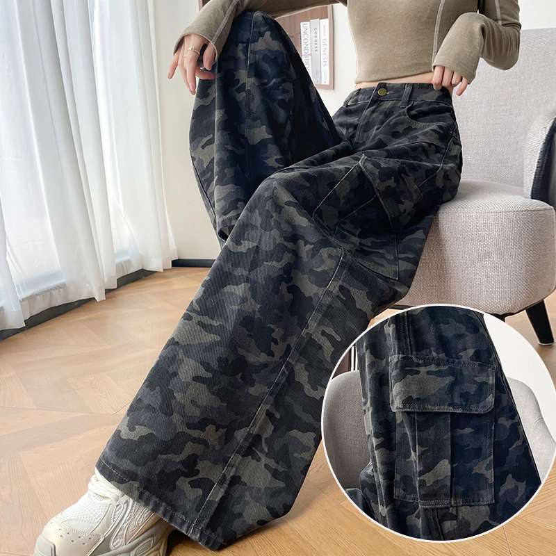 美式辣妹迷彩休闲裤女2025秋季弯刀裤个性酷飒多口袋工装牛仔裤女