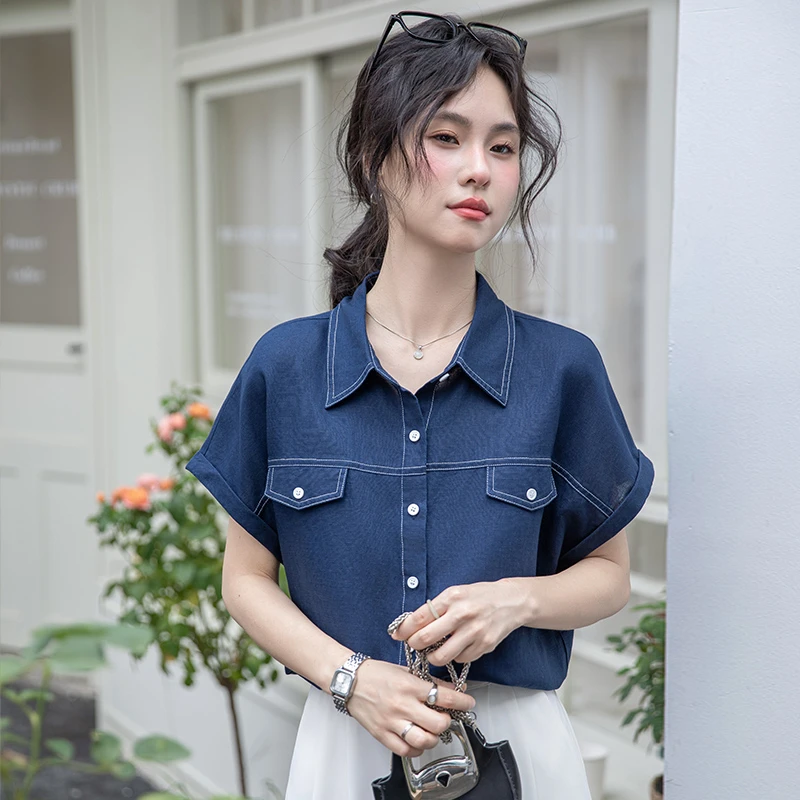 天丝亚麻短袖衬衫女夏季薄款设计宽松显瘦垂感气质老钱风麻棉上衣
