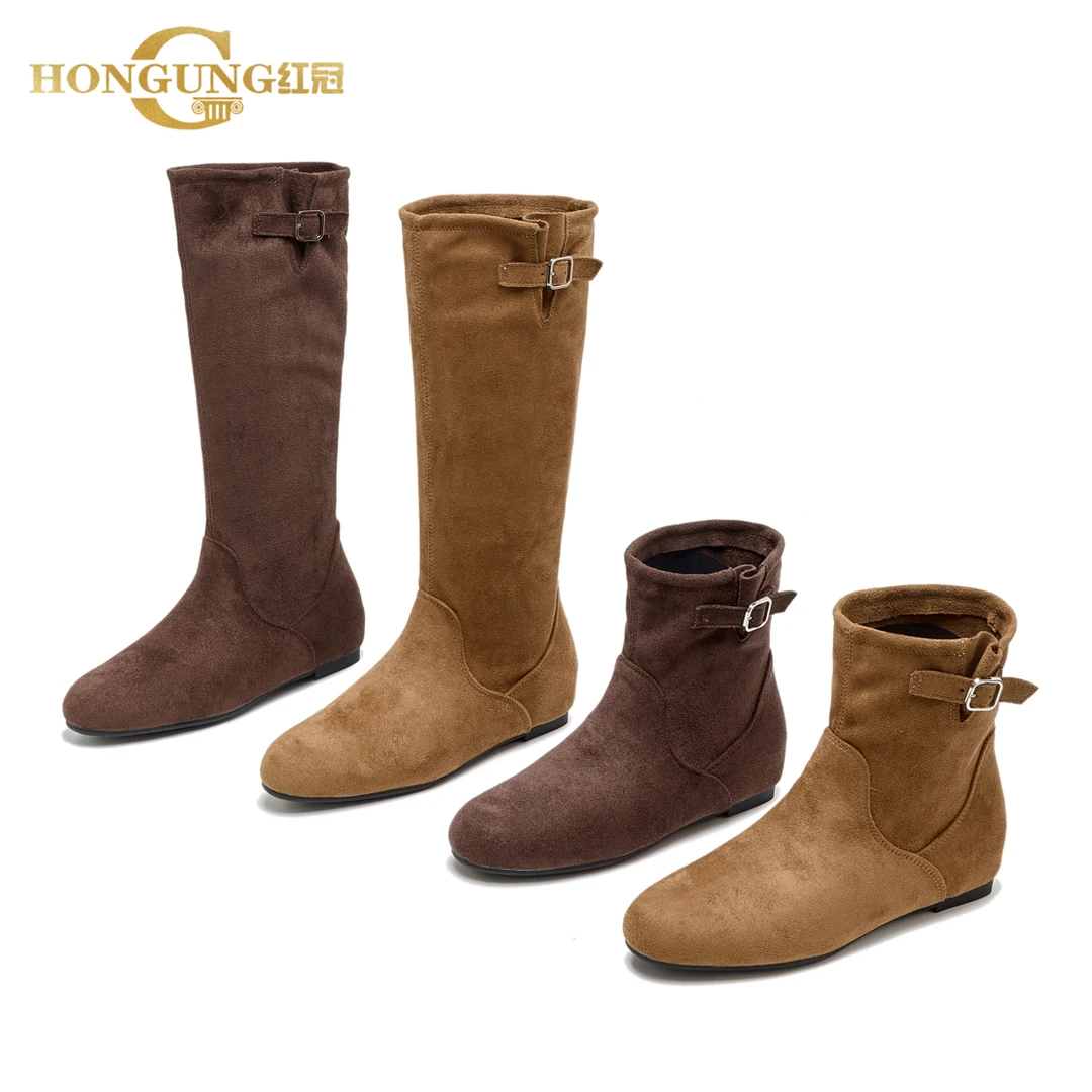 内增高3cm～红冠尖头磨砂短靴长筒靴女西部靴搭扣复古美拉德骑士靴