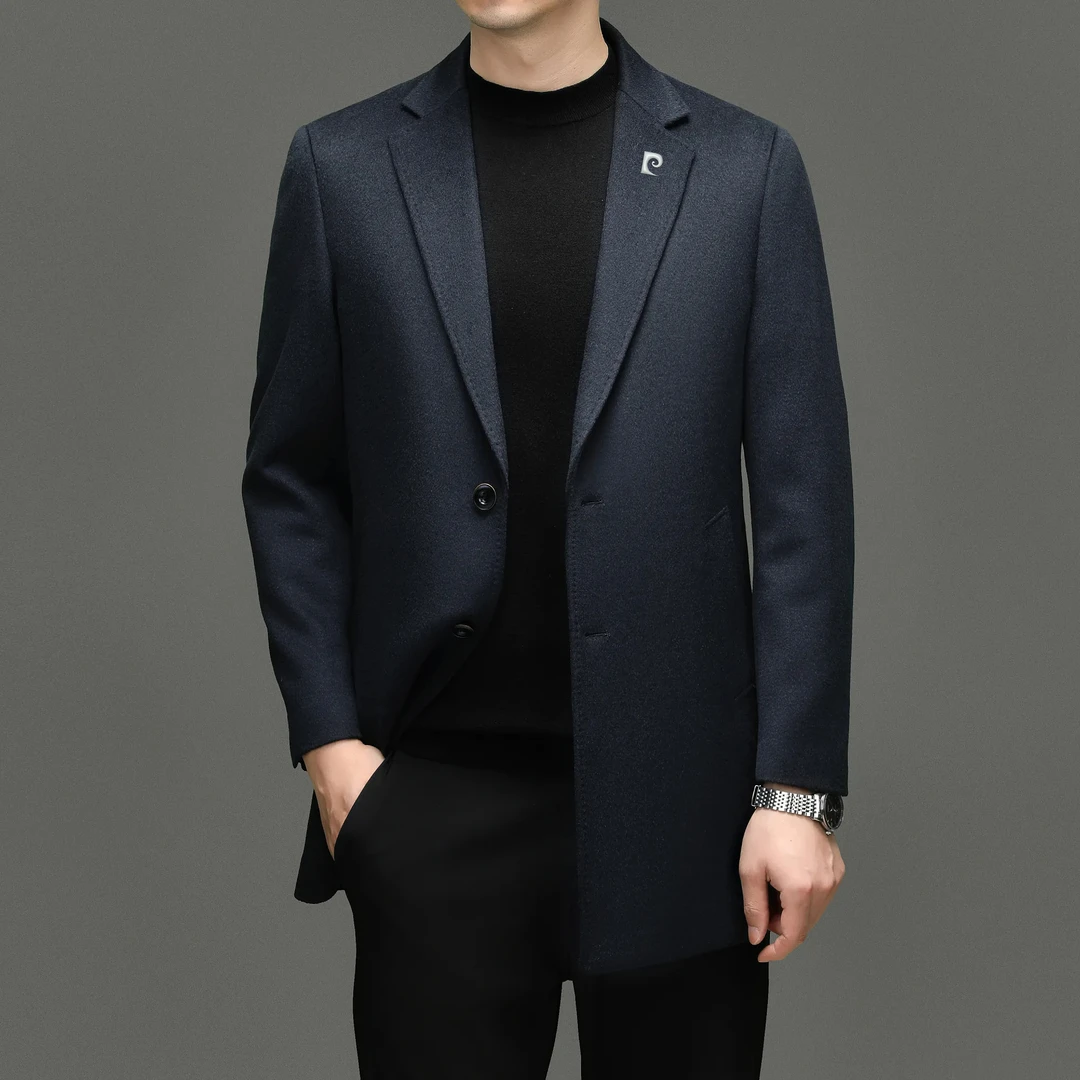 皮尔卡丹羊绒大衣男士中长款秋冬季高端商务休闲西装领羊毛呢外套