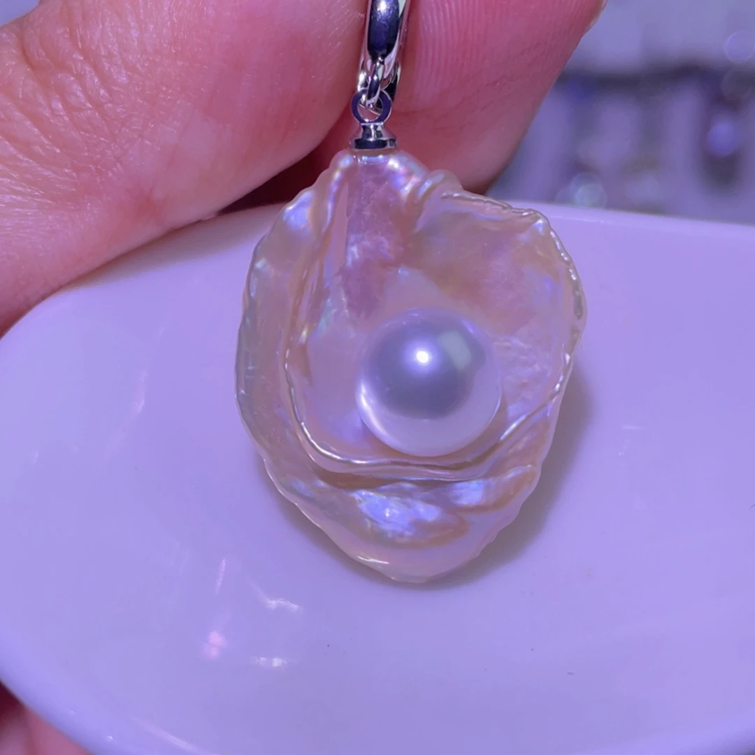 银S925镶嵌淡水珍珠天然淡水珍珠吊坠