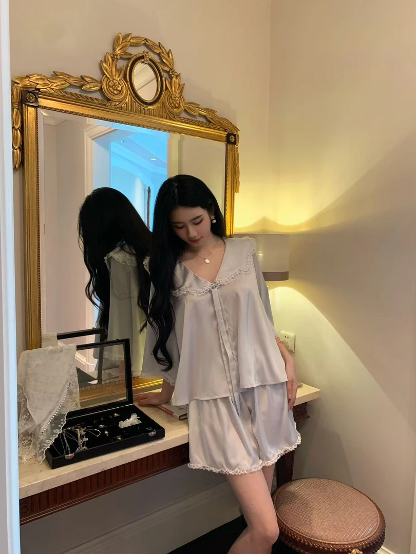 【舒芙蕾】蕾丝花边缎面睡衣法式新款冰丝薄款宫廷风甜美短袖短裤