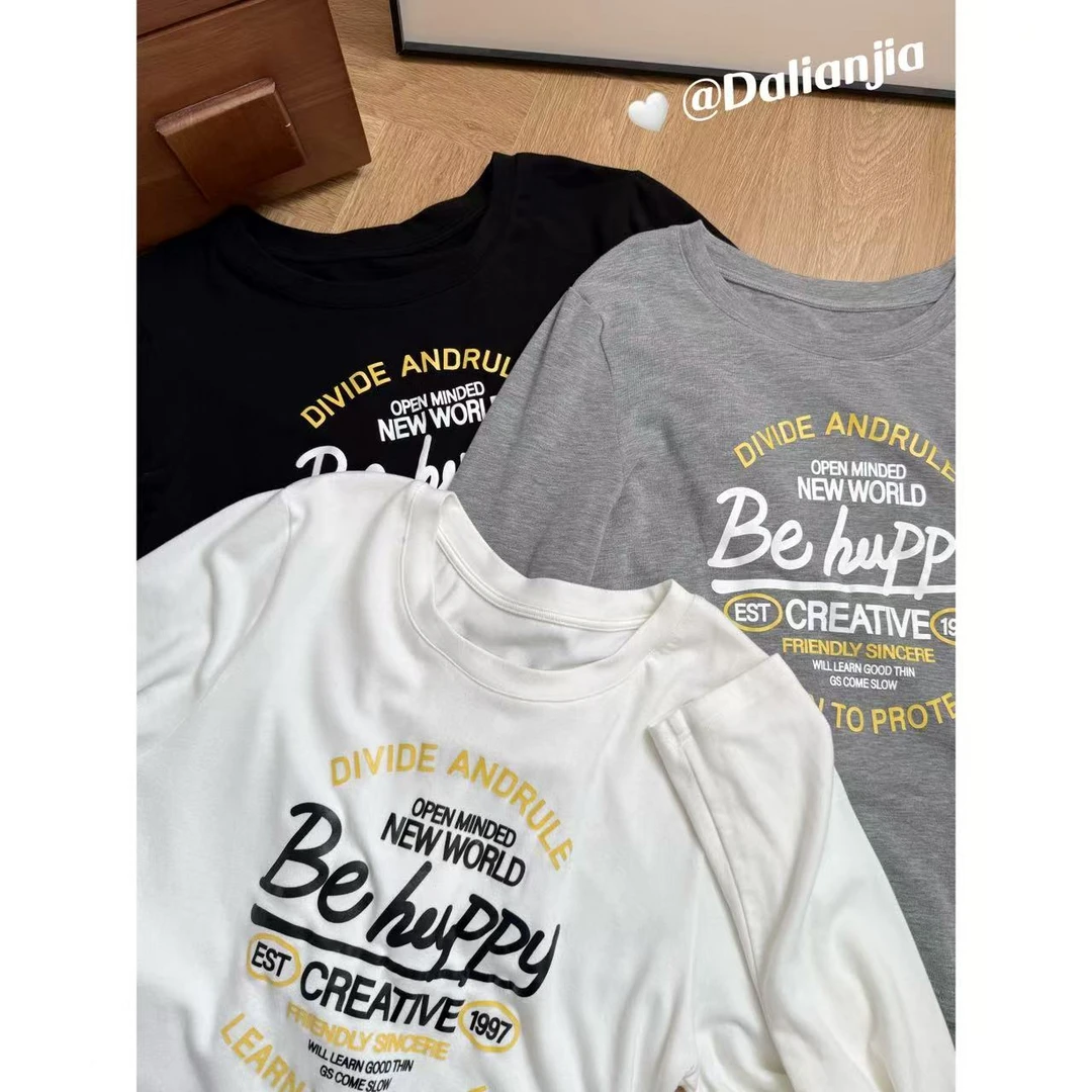 晶咕佳佳【美式步调】圆领长袖印花T恤时尚休闲百搭合身小版潮流