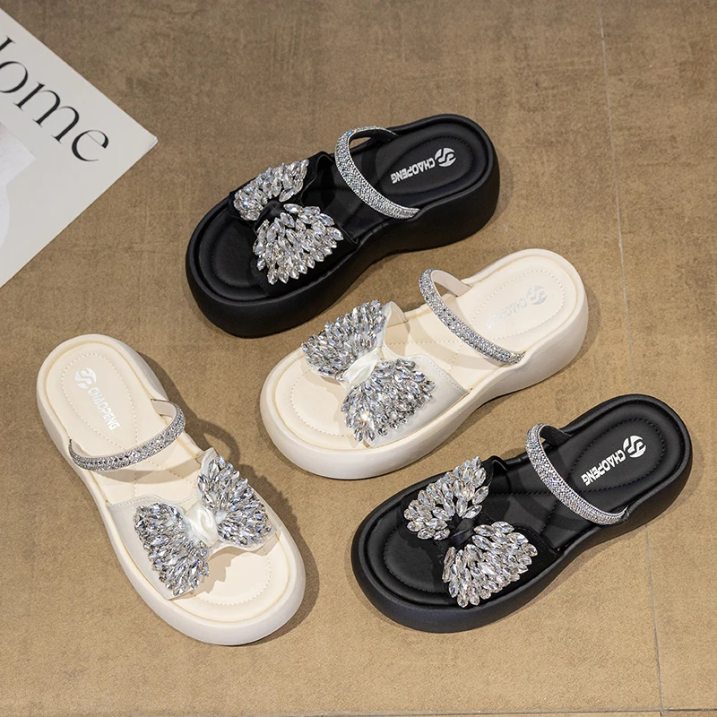 2025夏季新款水钻厚底一字凉拖鞋洋气百搭蝴蝶结女拖鞋