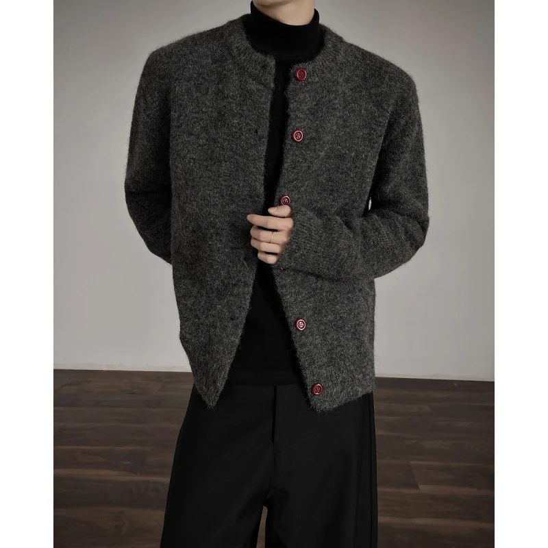 秋冬高级感网红开衫纽扣立领毛衣男设计感韩版慵懒风加厚针织衫潮