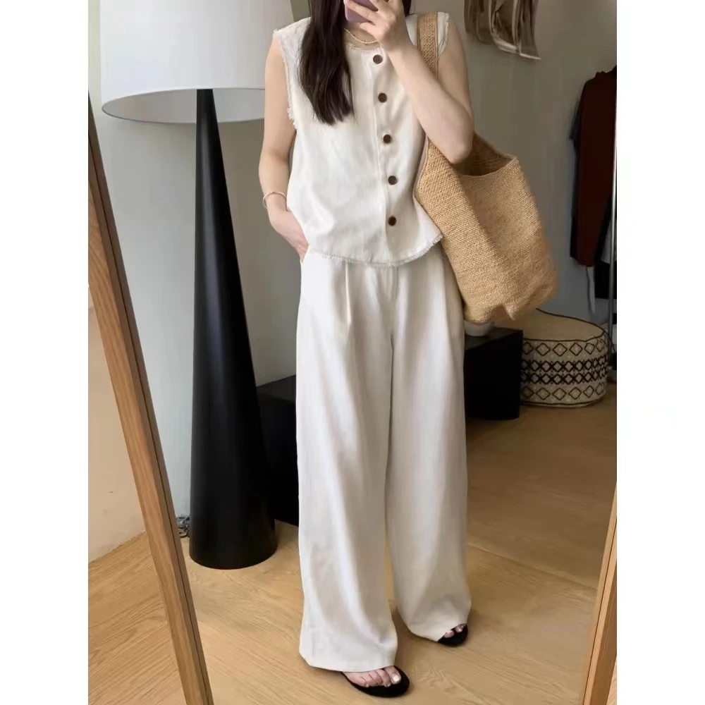 无袖马甲两件套时尚套装百搭休闲亚麻3220阔腿长裤两件套新款