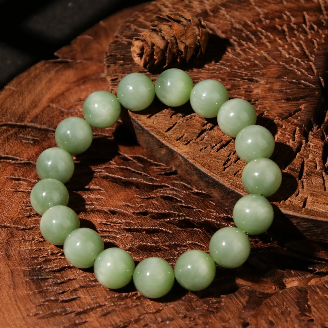 【泓贝珠宝-L387】和田玉老料碧玉猫眼圆珠手串