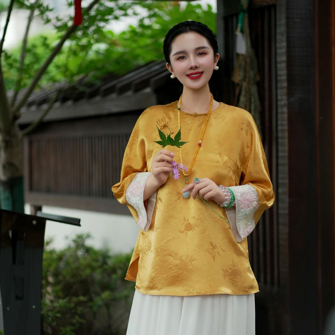 承国风【正绢】刺绣100桑蚕丝时尚夏季新中式气质百搭上衣AH12WT060