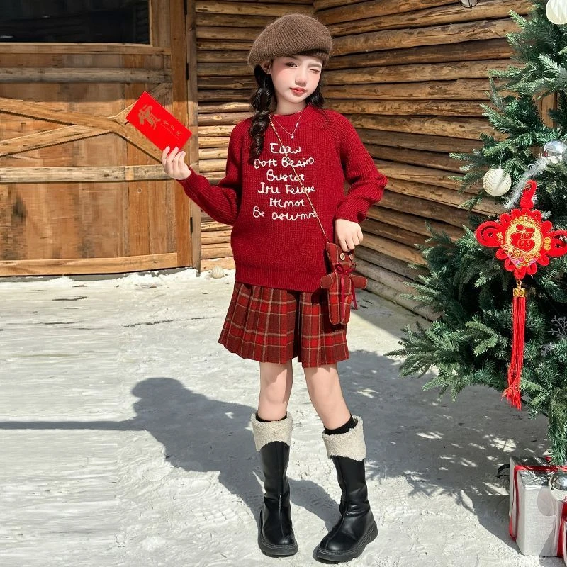 女童套装秋冬季2025新款洋气韩版女孩毛衣百褶裙时尚冬季两件套潮