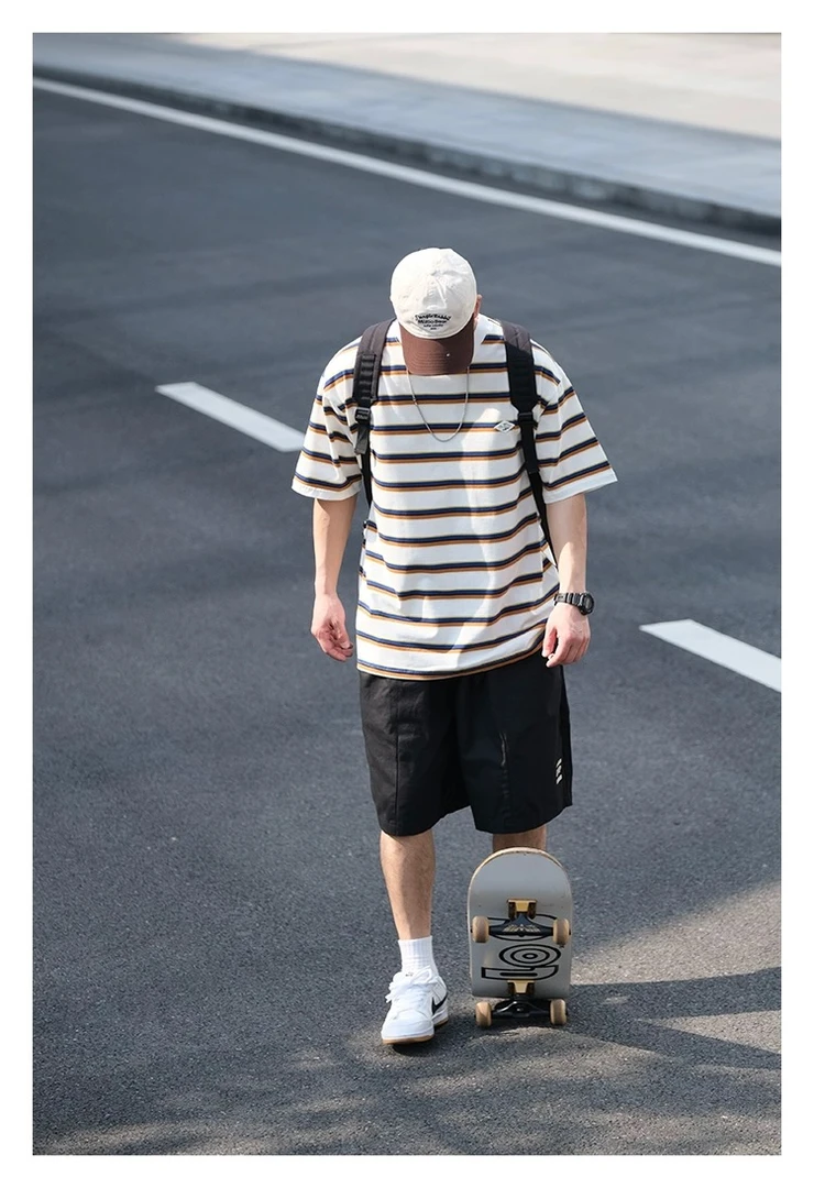 夏季重磅撞色横条纹短袖t恤男女-Y312