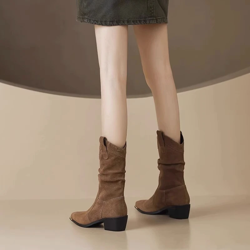 欧美西部牛仔靴女2025秋季新款堆堆褶皱靴尖复古粗跟中筒短靴子