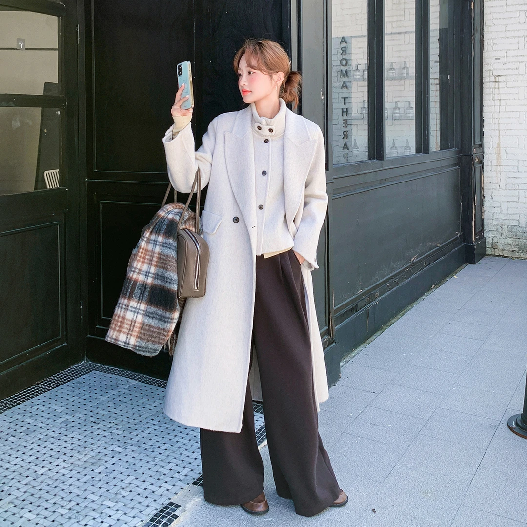 韩系慵懒设计感双面呢套装女2025冬季新款气质米白色羊毛马甲大衣