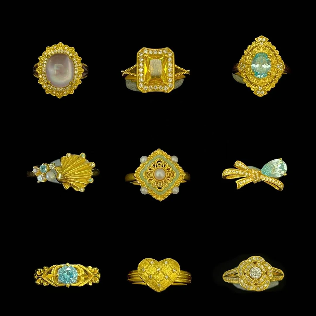 足金999方块玫瑰花爱心蝴蝶宋韵戒指合集