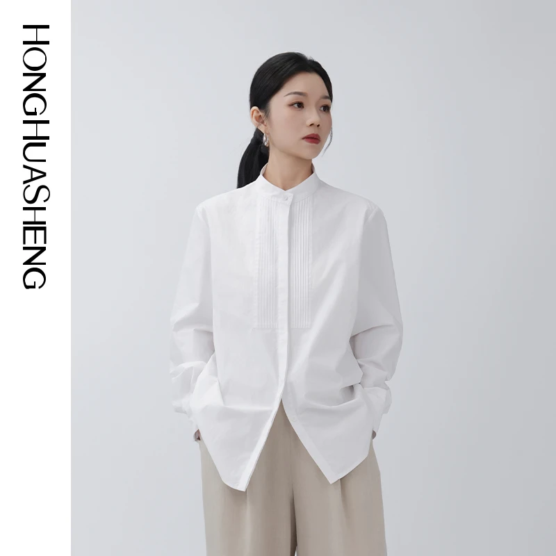 HONGHUASHENG2025早春气质设计感上衣小立领纯棉设计感长袖衬衫女