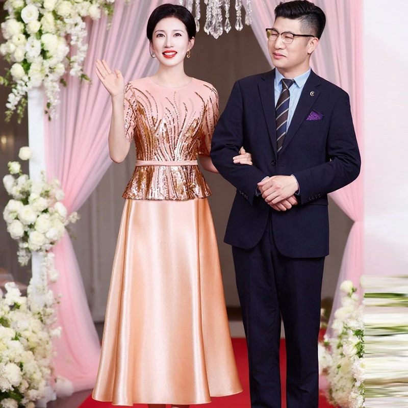 5924高端大气年轻妈妈礼服中式旗袍裙假两件宴会高贵喜婆婆婚宴装