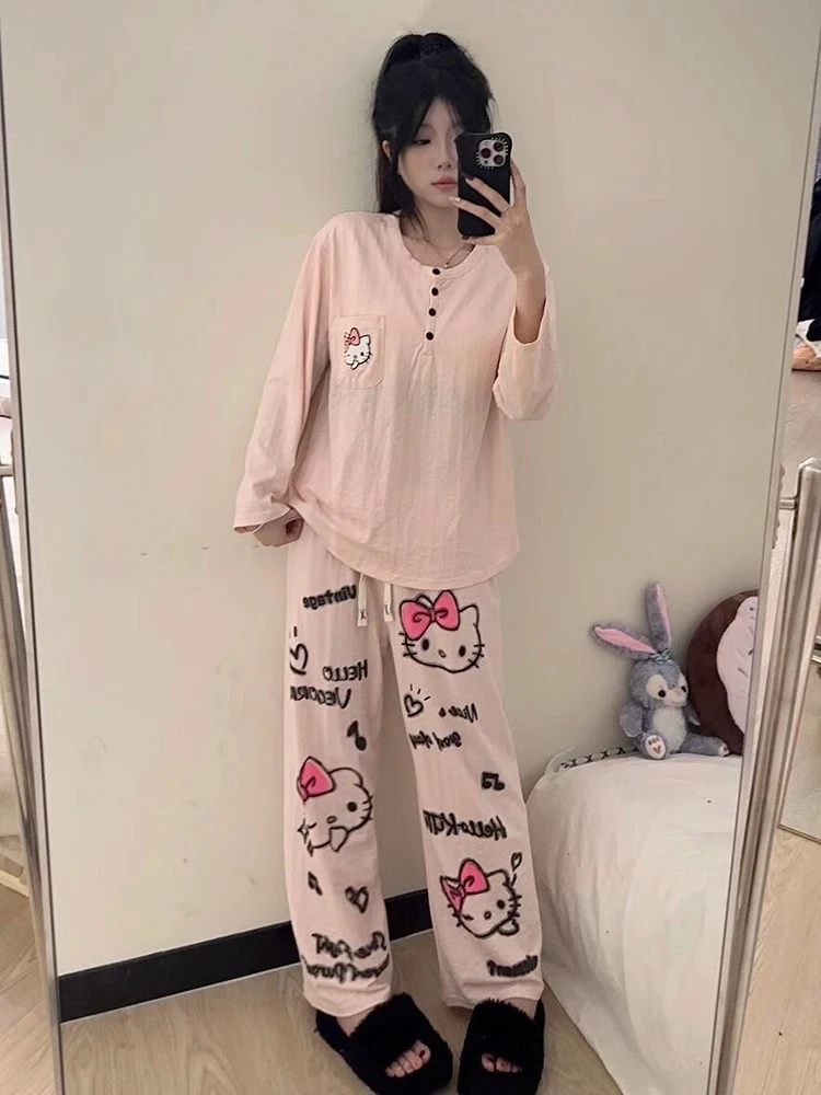 韩版少女可爱卡通小猫睡衣女春秋2025新款长袖家居服可外穿两件套