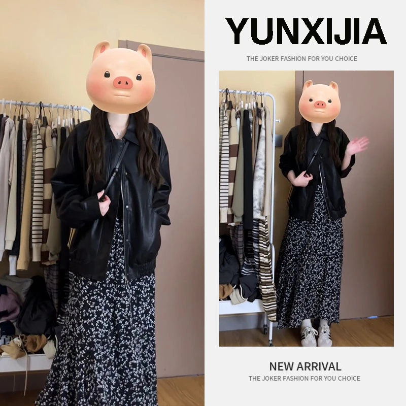 2025春季小个子港风韩系时尚宽松时尚立领外套碎花裙两件套