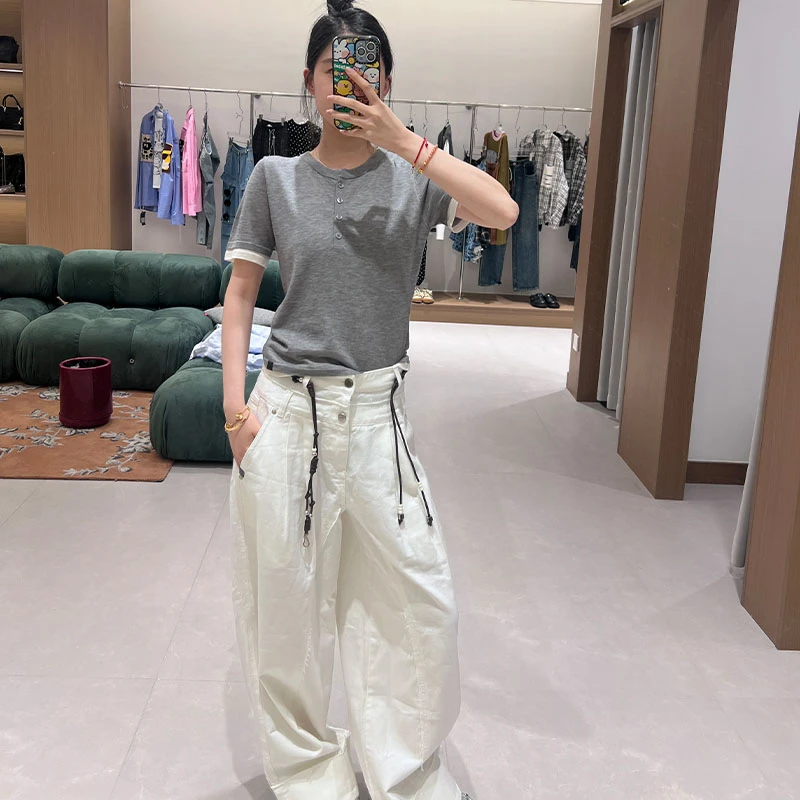 AVVENN2025夏季设计师新品带腰带素色牛仔长裤白色裤子宽松
