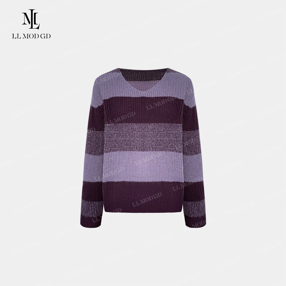 穿出色调 高级慵懒休闲百搭显瘦条纹V领软糯绵羊毛针织YL-6200060