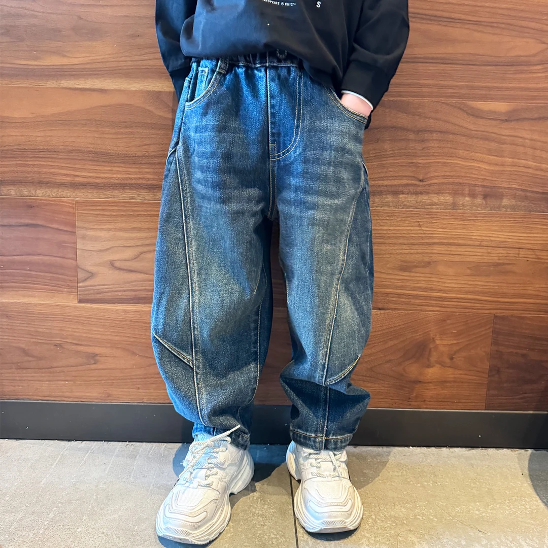 男童牛仔裤子弯刀阔腿裤2025秋冬加绒厚潮流街舞宝宝男孩儿童长裤