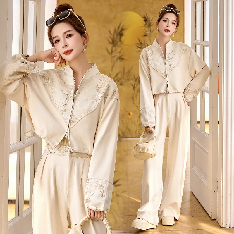 新中式国风复古提花拼接上衣阔腿裤两件套洋气时髦套装春装新款