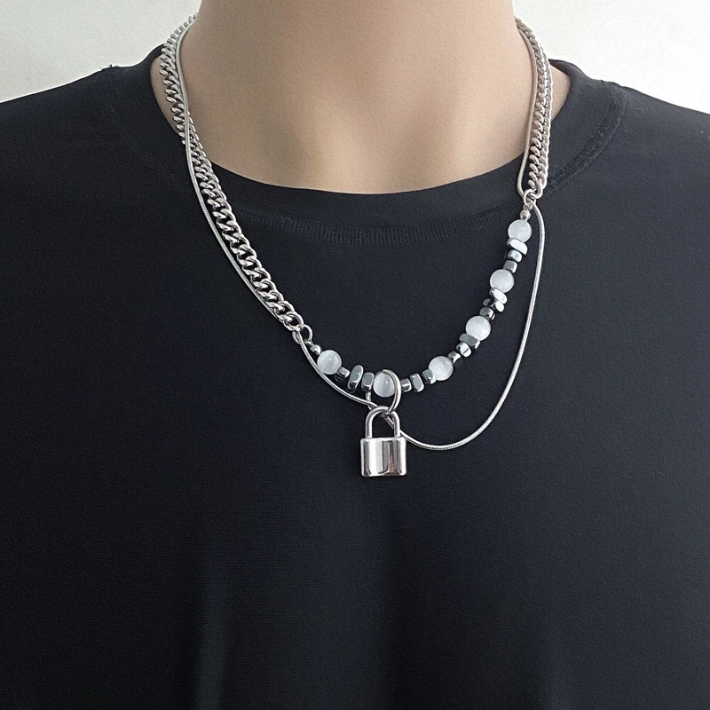 钛钢项链 不掉色高级感猫眼石锁百搭男双层嘻哈潮锁骨链小众设计