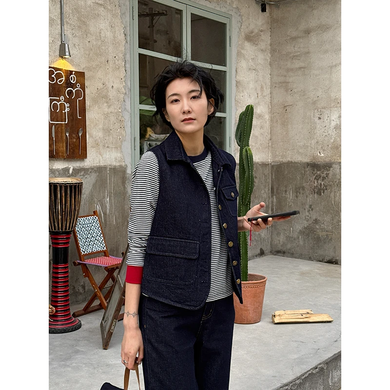 LANGQING 藏青色秋装无袖叠穿时尚休闲牛仔马甲44230#