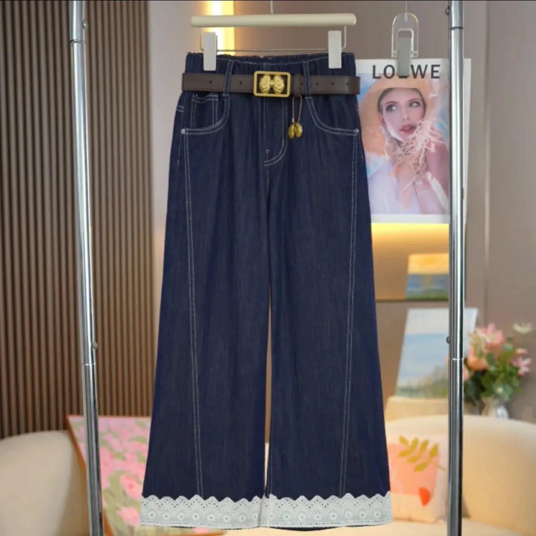 C888女童2025新款直筒净色裤脚白色花边直筒宽松牛仔裤
