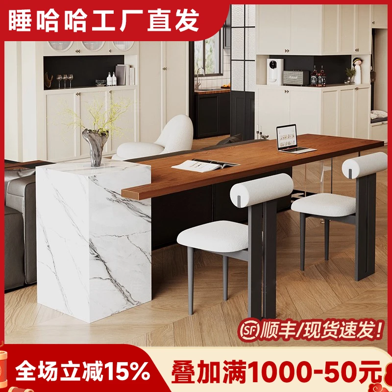 中古风实木客厅沙发后岛台餐桌一体家用儿童长条书桌办公电脑桌椅