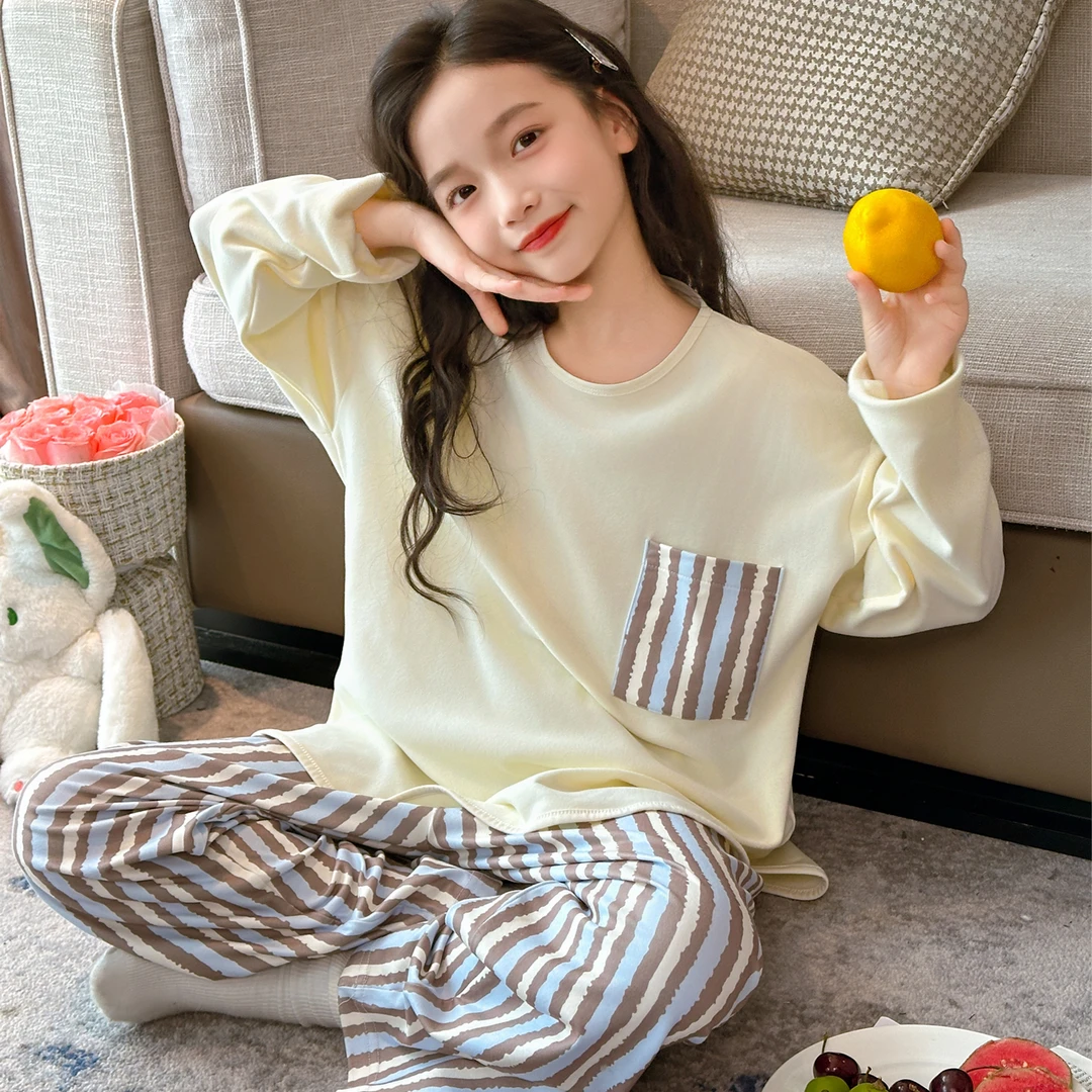 德绒秋季儿童睡衣套装男女童套头薄绒家居服258120