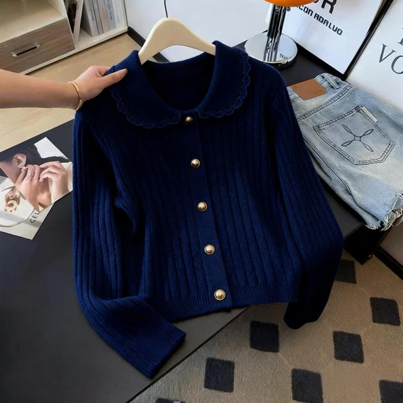 法式复古气质高级感翻领针织开衫女早秋季新款慵懒风洋气减龄毛衣