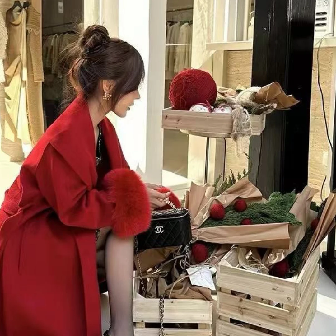 红色高端双面羊毛大衣2025秋冬新款袖口真狐狸毛结婚气质毛呢外套