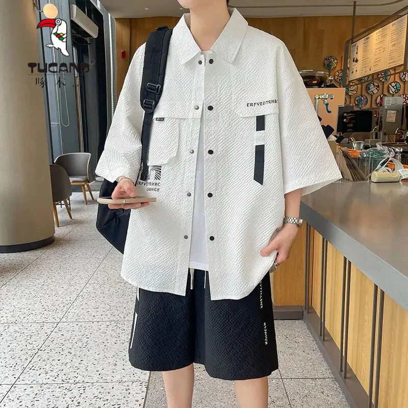 啄木鸟夏装痞帅气薄款开衫短袖t恤男士衬衫美式外套套装青少年宽