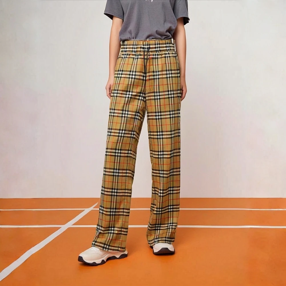 99新 BURBERRY/博柏利 16490134侧边拼接格纹休闲裤 卡其色 UK4码