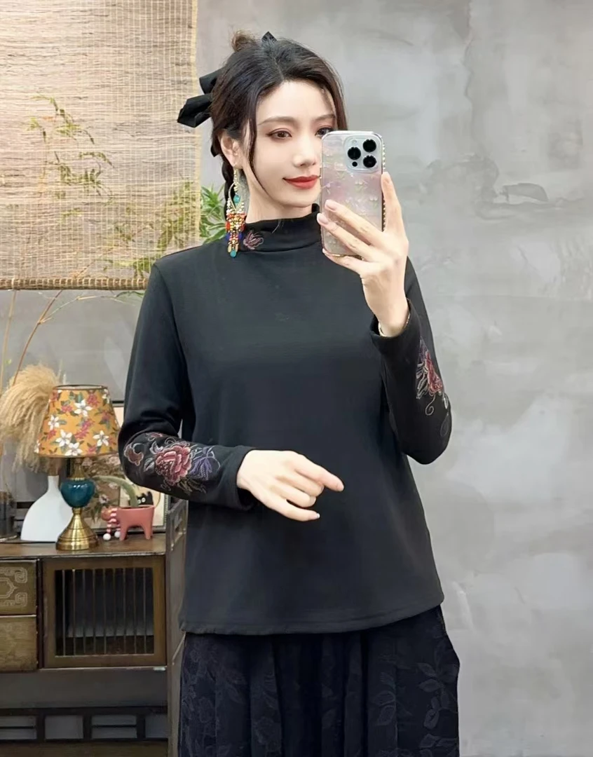 3409新款 国风绣花半高领打底上衣秋冬百搭女装时尚女士