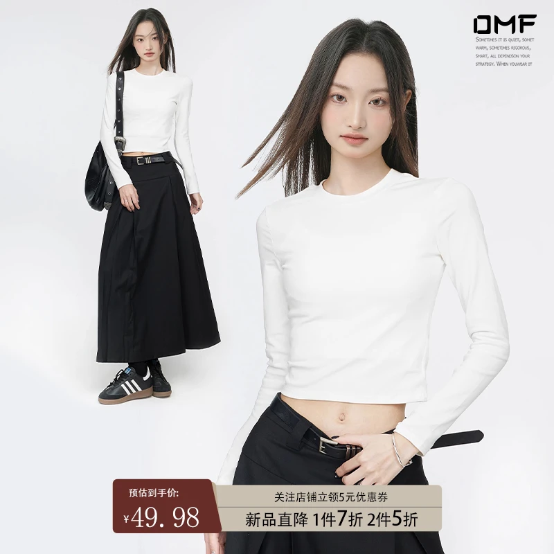 白色短款圆领打底衫t恤女小个子纯棉内搭修身显瘦长袖上衣2025春