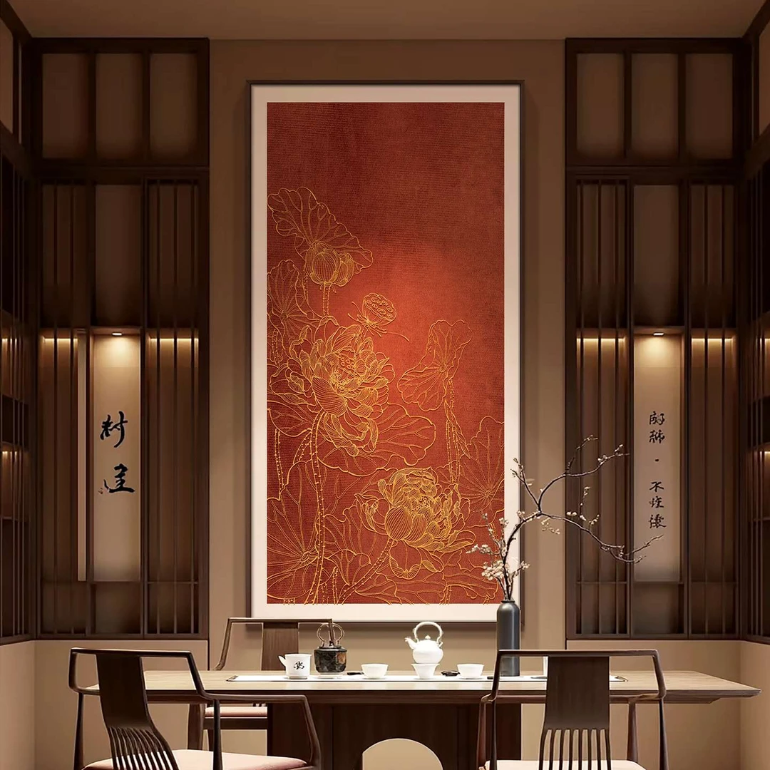 新中式荷花玄关装饰画高级感烫金肌理挂画酒店别墅走廊过道壁画