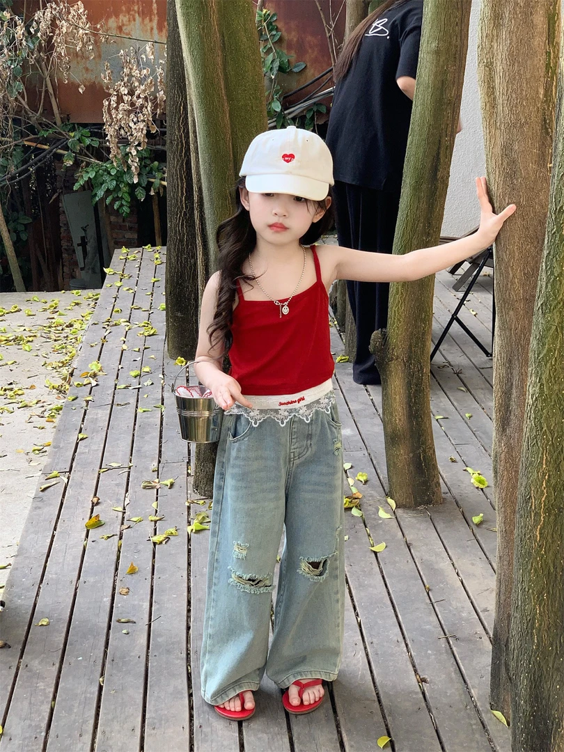 女童蕾丝拼接吊带2025夏季新款韩版洋气甜酷无袖上衣破洞牛仔裤套