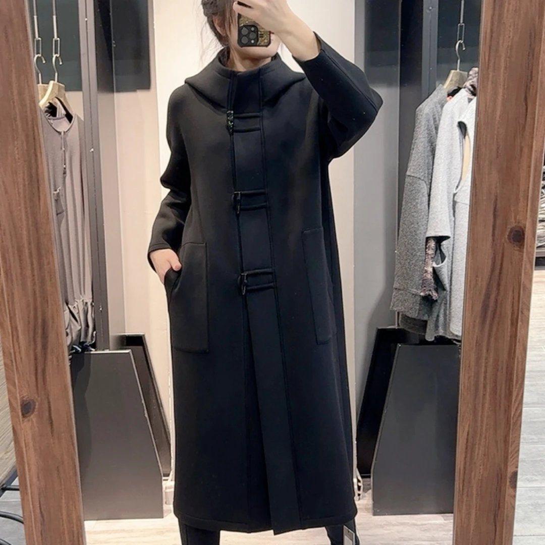 加密液态棉秋冬新款牛角扣长款大衣