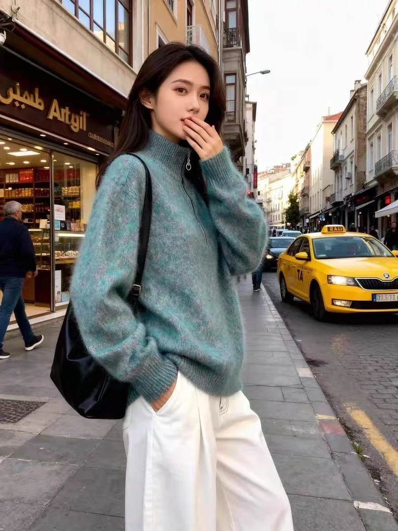 半拉链花纱加厚拉绒毛衣   品质太高了