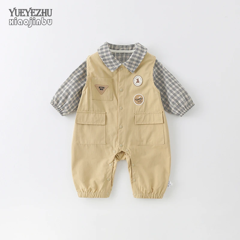 男宝宝背带裤套装秋装工装婴儿衣服春秋韩版格子婴幼儿长袖两件套