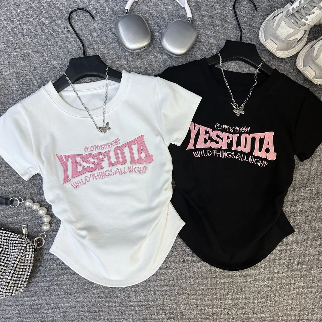 重工刺绣植绒字母新款短袖T恤女设计感修身百搭纯色显瘦上衣333#