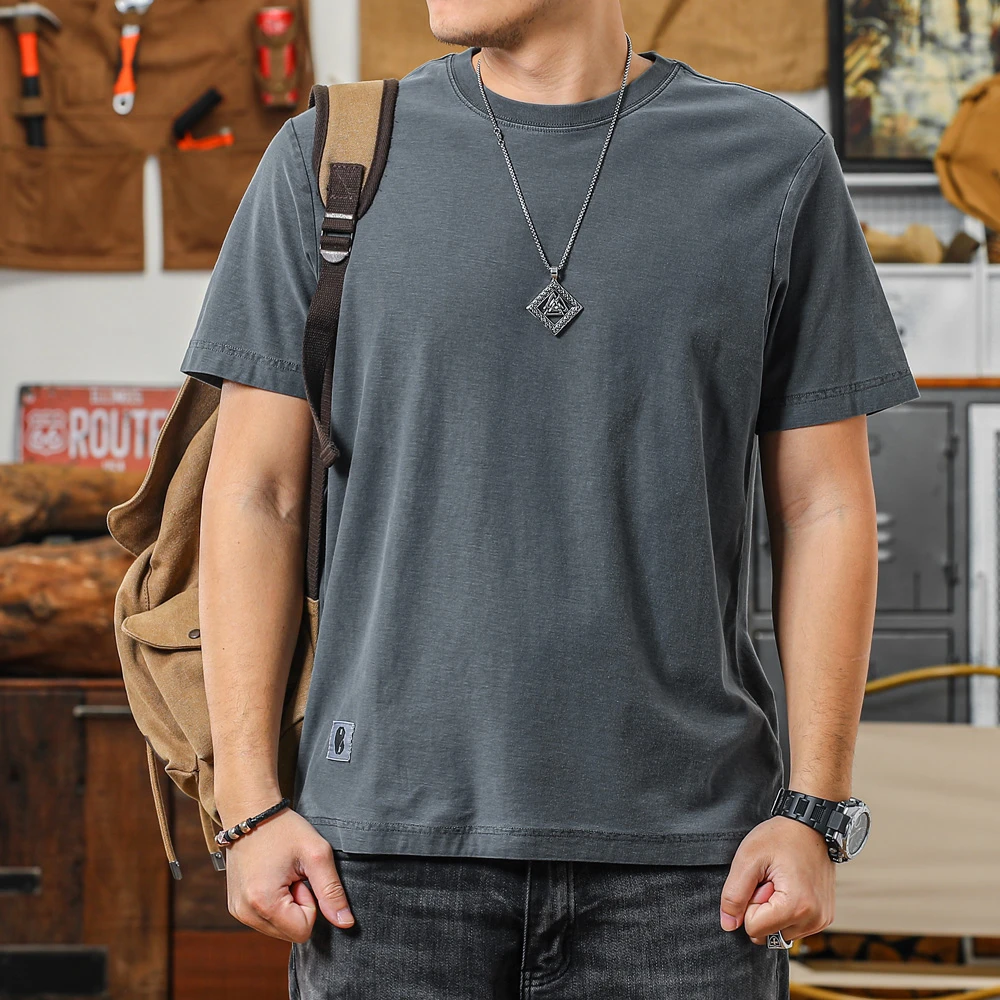 季言短袖男夏季新款纯棉t恤纯色简约半袖潮流美式复古上衣健身