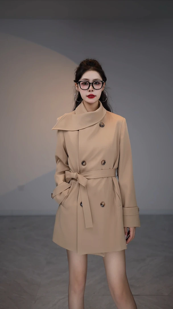 【莉莉】2025新款时尚短风衣围脖领系带休闲韩版女装