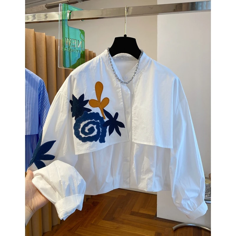 K6425欧货贴布刺绣白色衬衫女长袖新款宽松设计感小众短款上衣