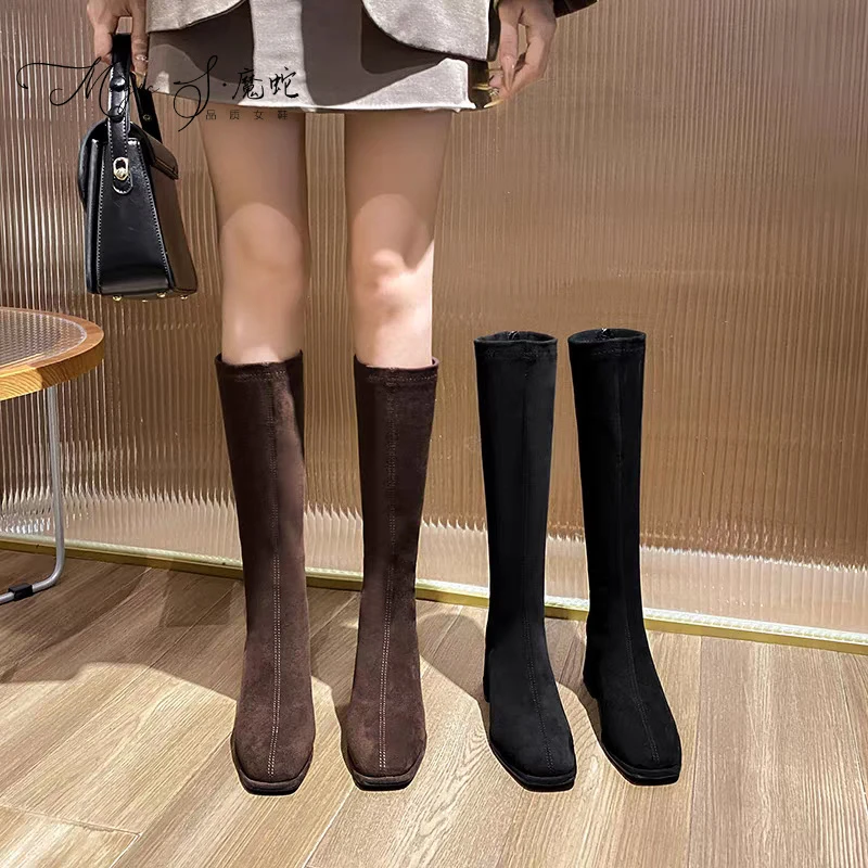 【万达撤柜】不过膝长靴女2025新款百搭绒面弹力靴高跟方头小个子长