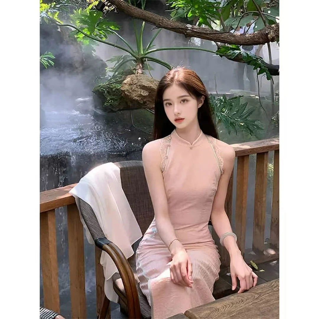 【C25经典】粉色新中式无袖绝美旗袍2025春夏新款改良版显瘦连衣裙