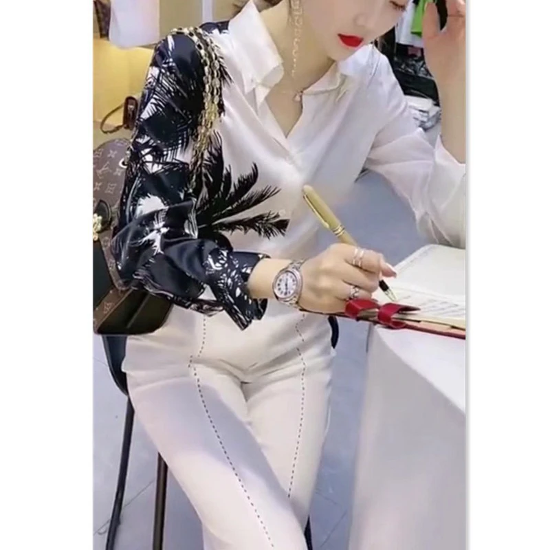 新款长袖衬衫印花上衣显瘦洋气衬衣大码女装