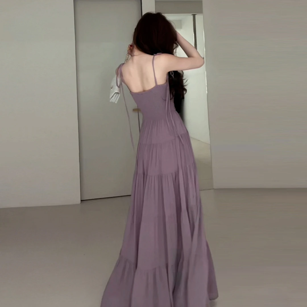 海边度假穿搭紫色吊带连衣裙子女夏季新款收腰a字大裙摆长裙4268