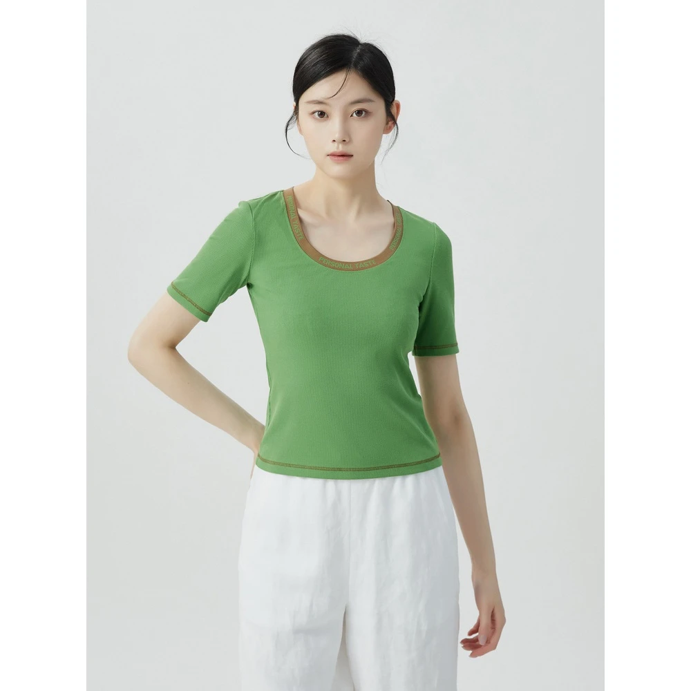 【商场同款】字母U领T恤小众百搭撞色打底条纹短袖时尚上衣5300759